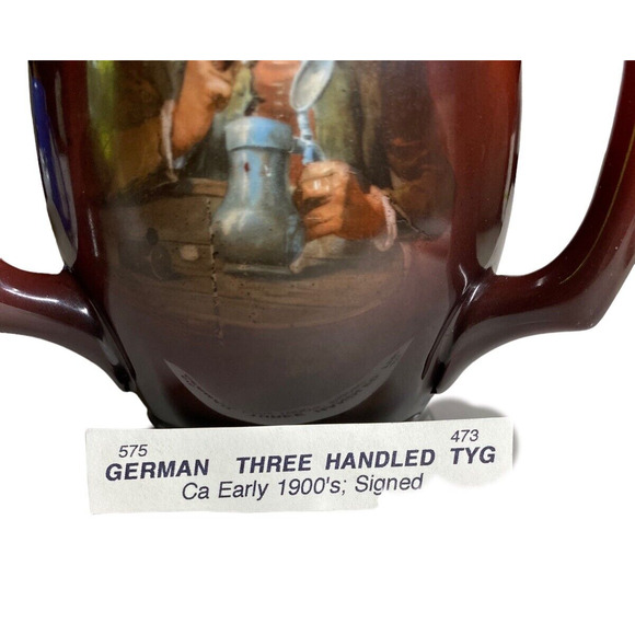 Antique 3 Handle Portrait Cup Mug Ceramic Ombre Red To Brown/Germany Signed - Picture 2 of 10